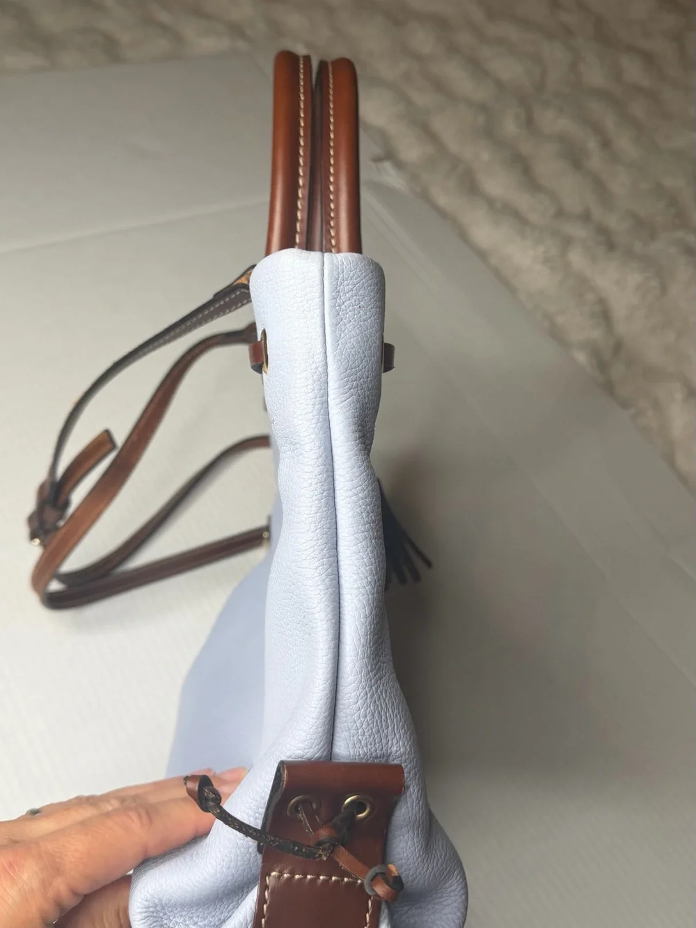 NWOT Dooney & Bourke Wakefield Pale / Sky Blue Pebbled Leather Tassel Tote - Picture 9 of 17